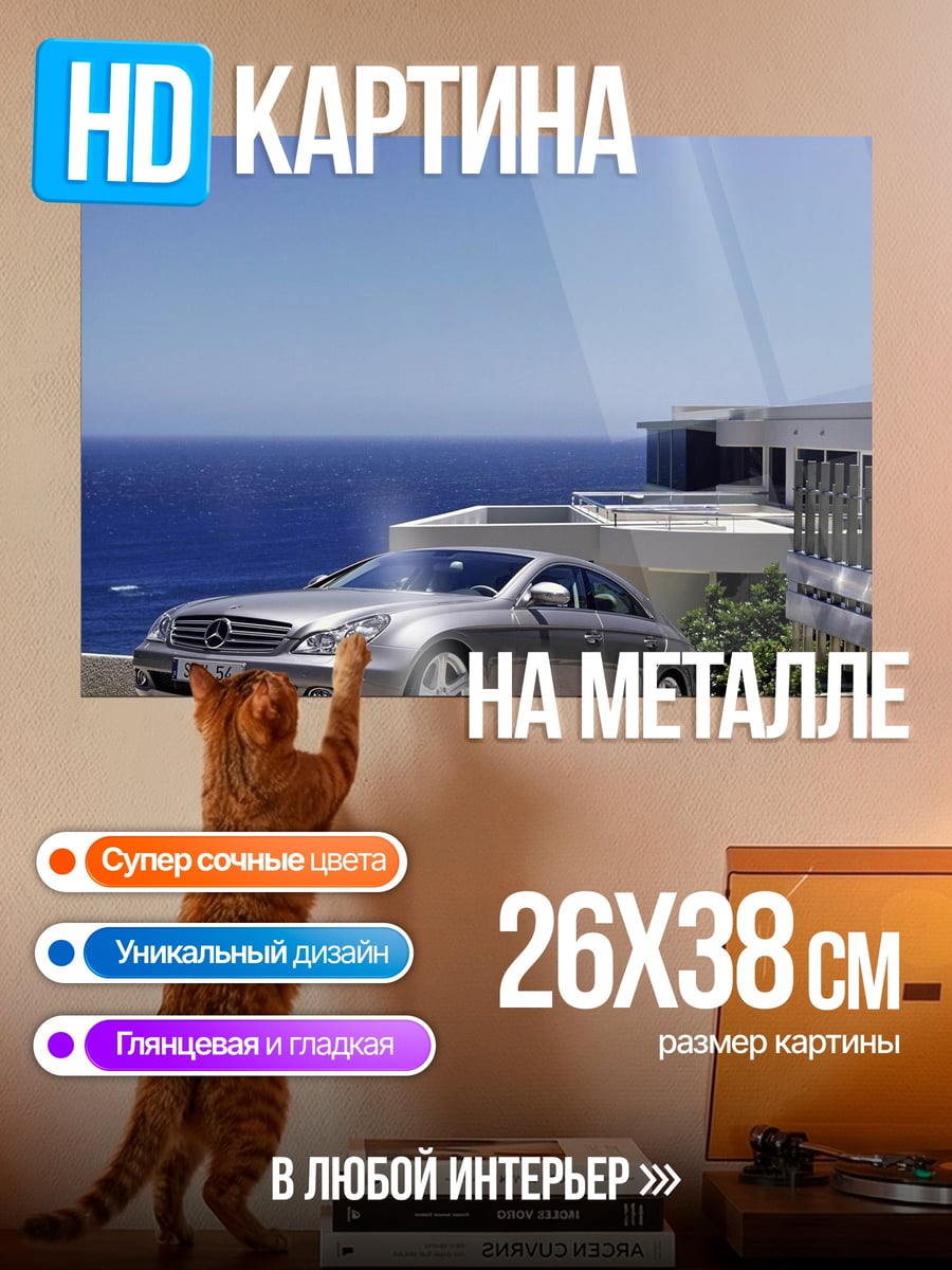 Картина на металле Серебристый седан у моря