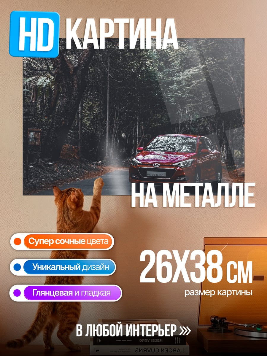 Картина на металле Красная машина лес