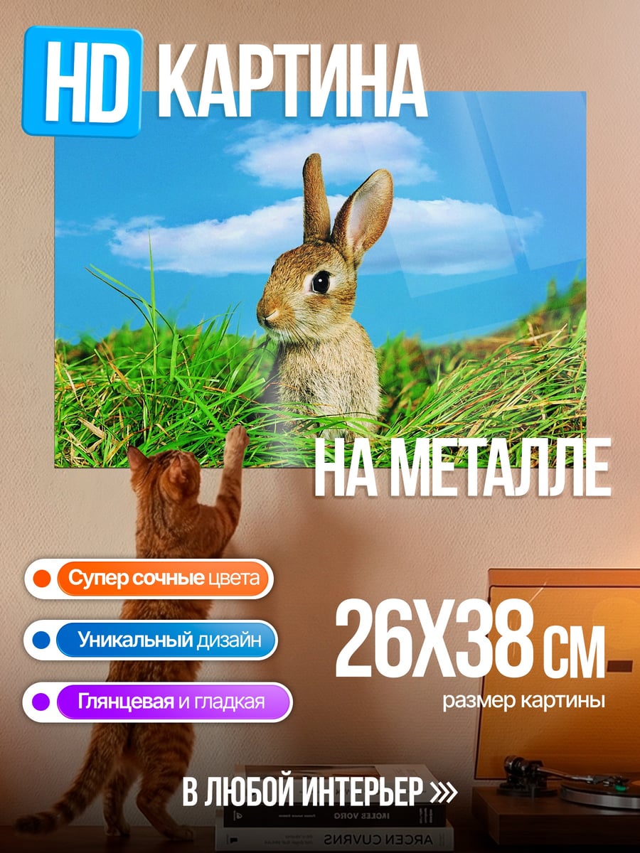 Картина на металле кролик в траве