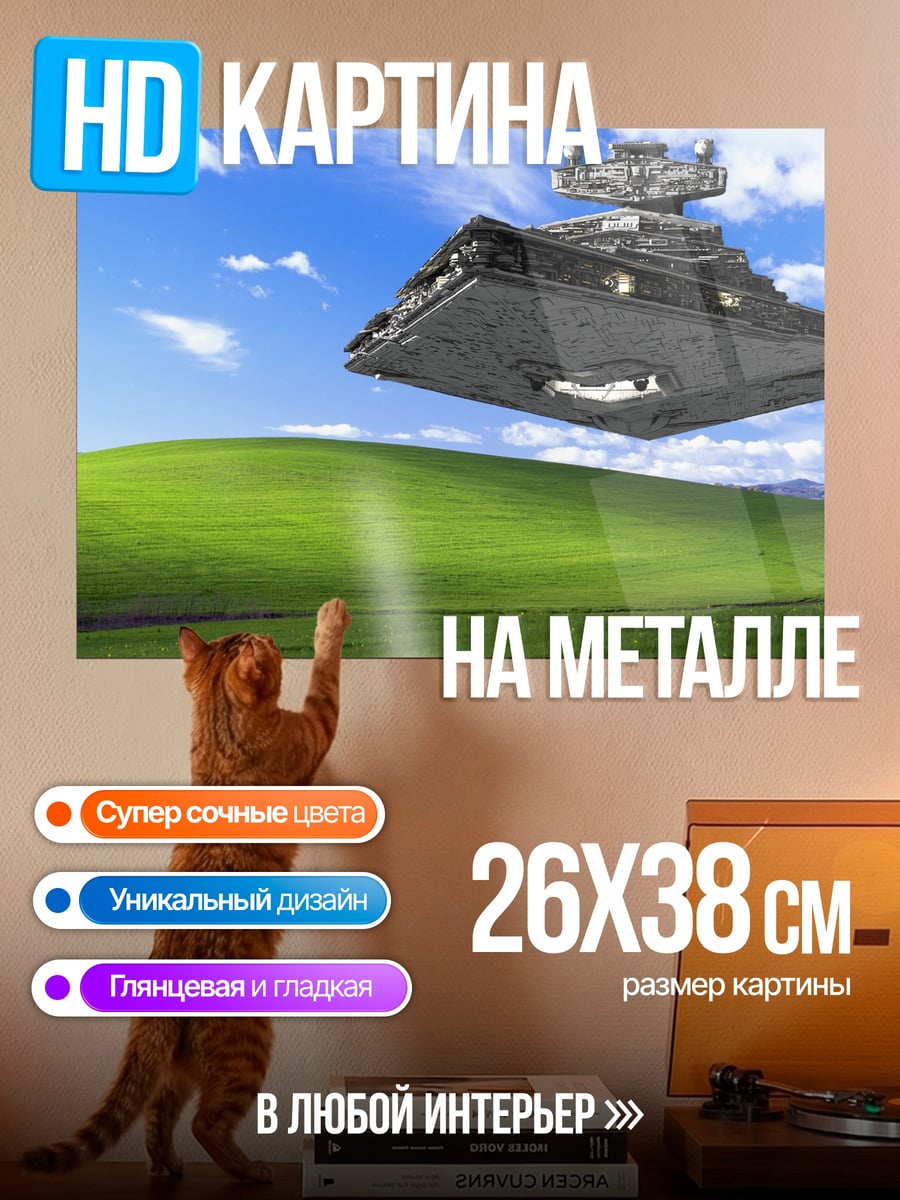 Картина на металле Космический корабль над полем