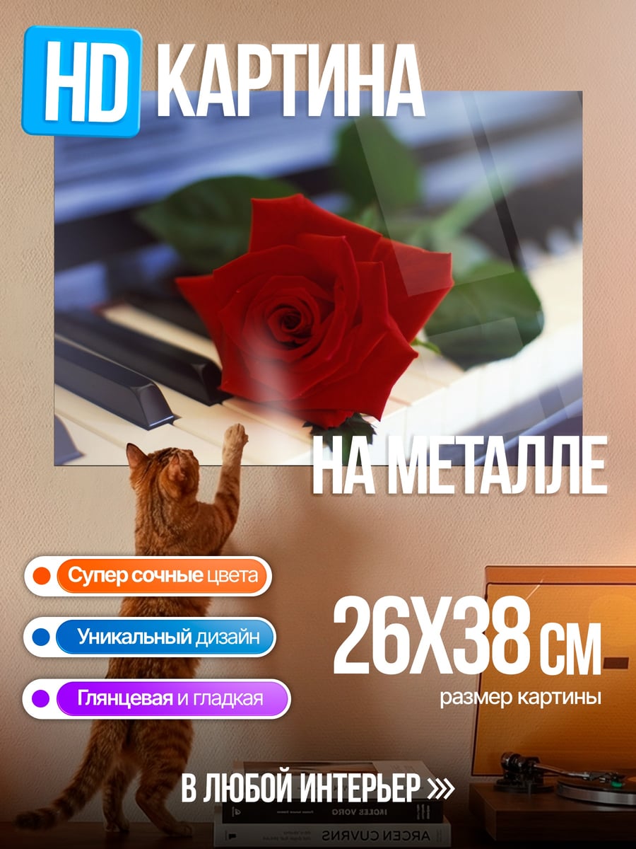 Картина на металле Роза на пианино