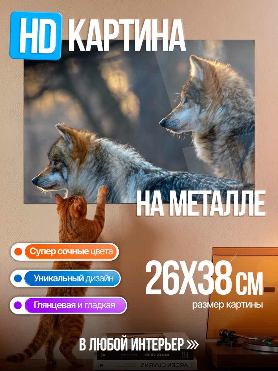 Картина на металле Два волка в лесу
