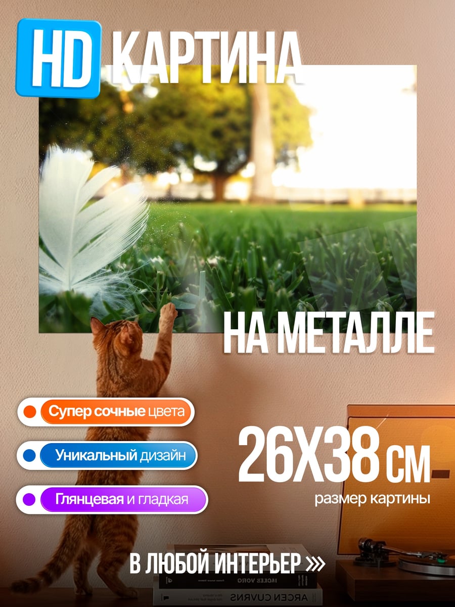 Картина на металле Перо на траве