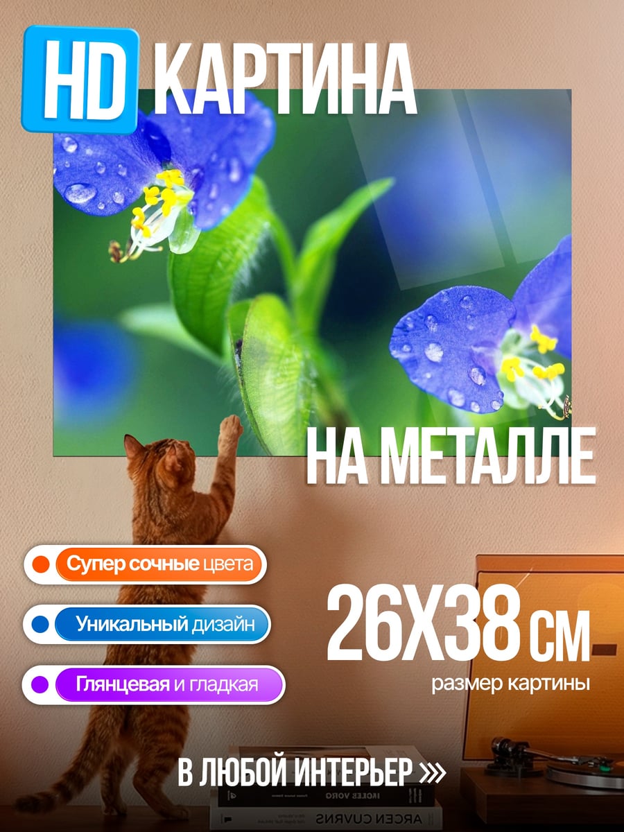 Картина на металле Синие цветы с каплями