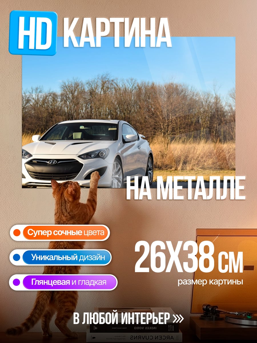 Картина на металле Белый седан на дороге