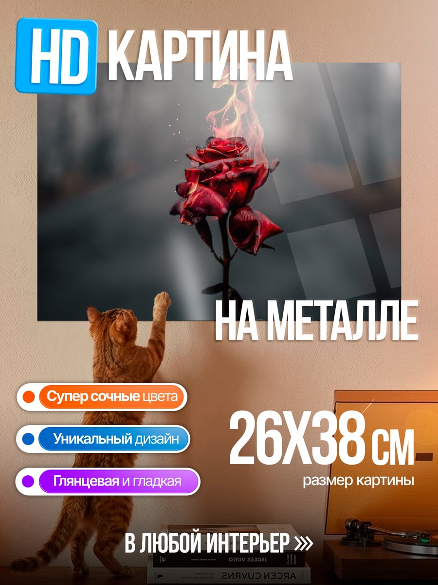 Картина на металле горящая красная роза
