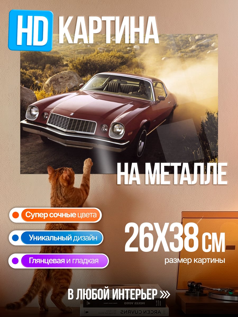 Картина на металле Красный Камаро едет
