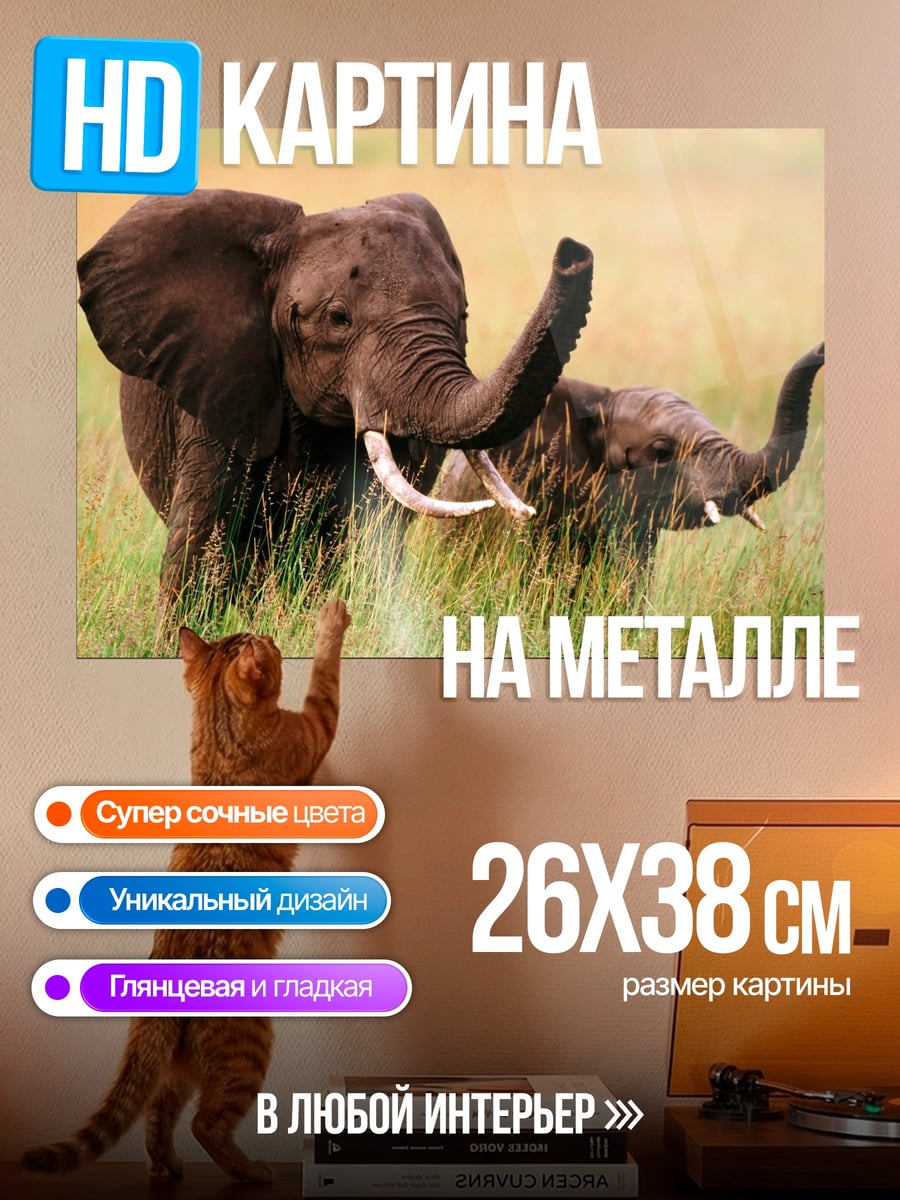 Картина на металле Слоны в саванне