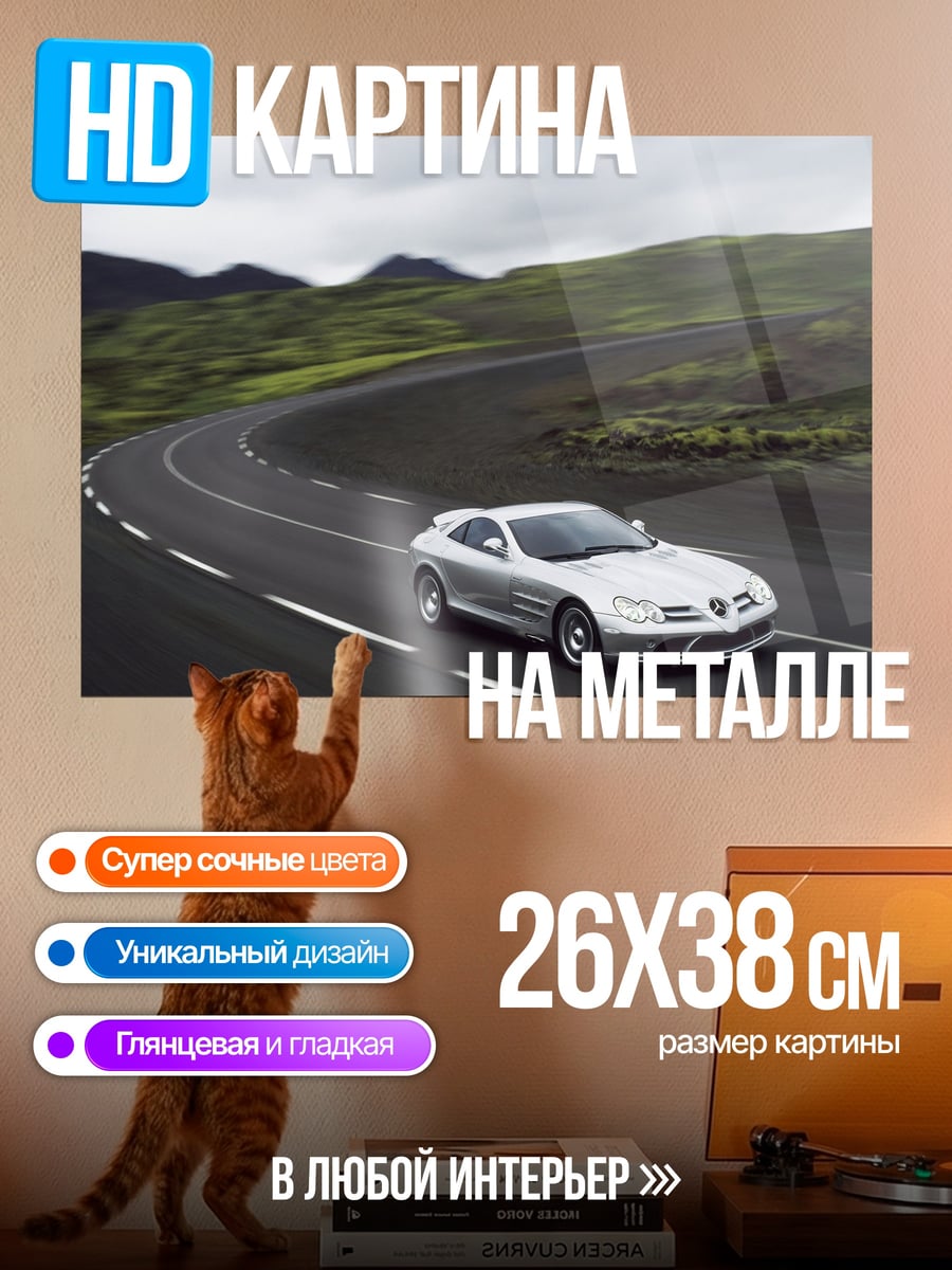 Картина на металле Серебряный спорткар дорога