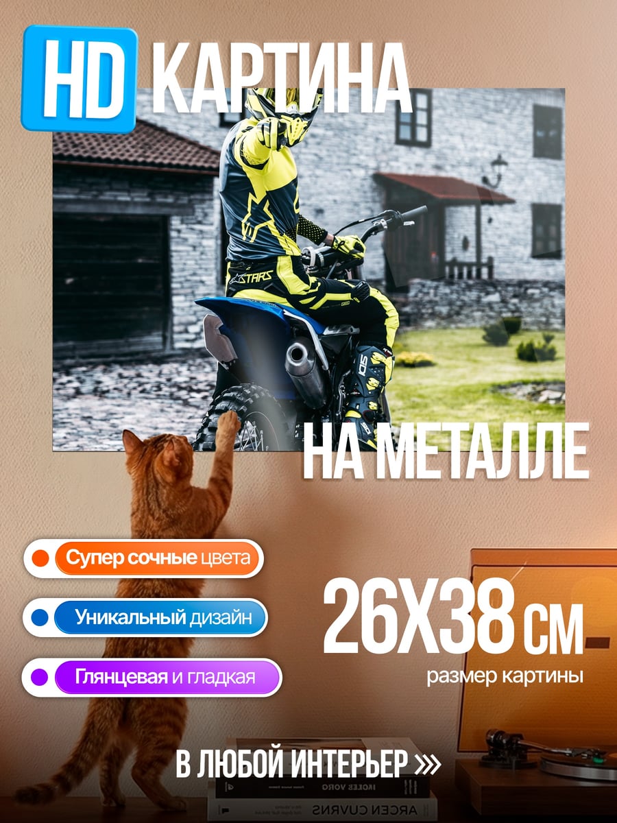 Картина на металле Мотоциклист в желтом