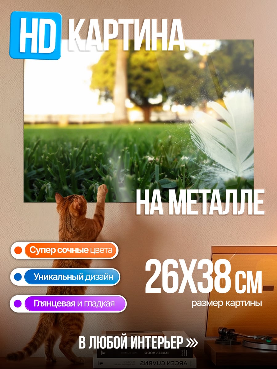 Картина на металле Перо на траве