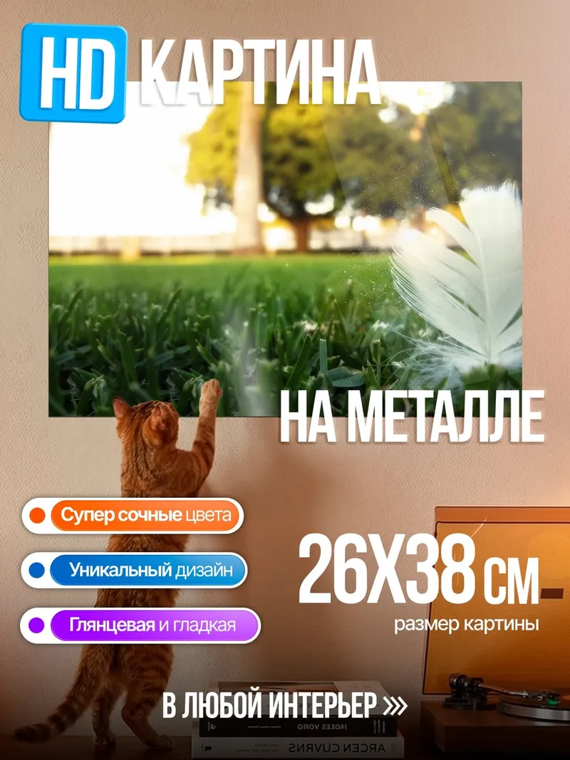Картина на металле Перо на траве