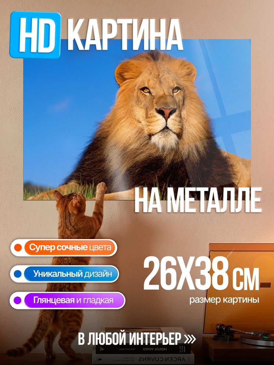 Картина на металле Лев на траве