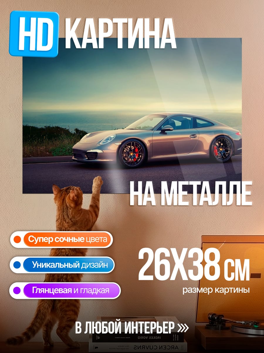 Картина на металле Серебристый Порше на закате