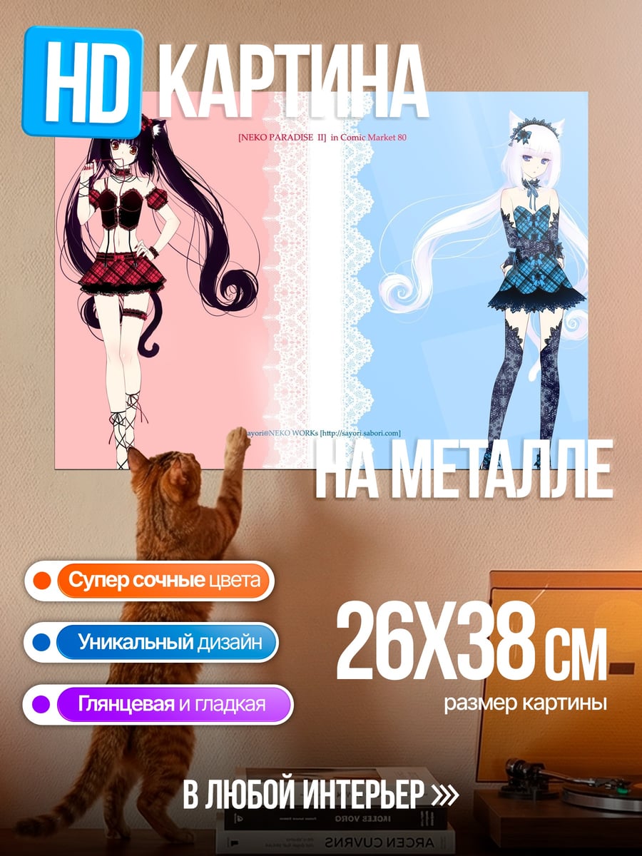 Картина на металле черная и белая кошка