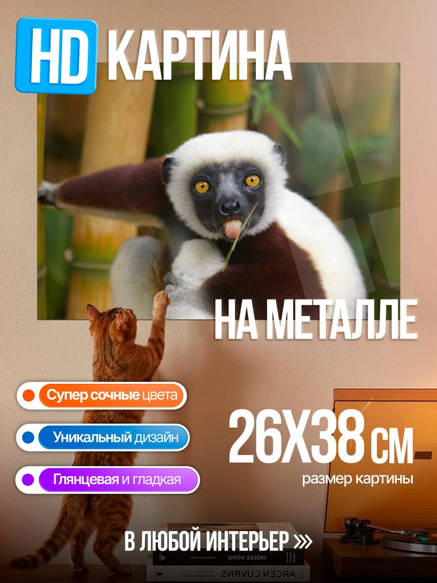 Картина на металле Лемур в бамбуке