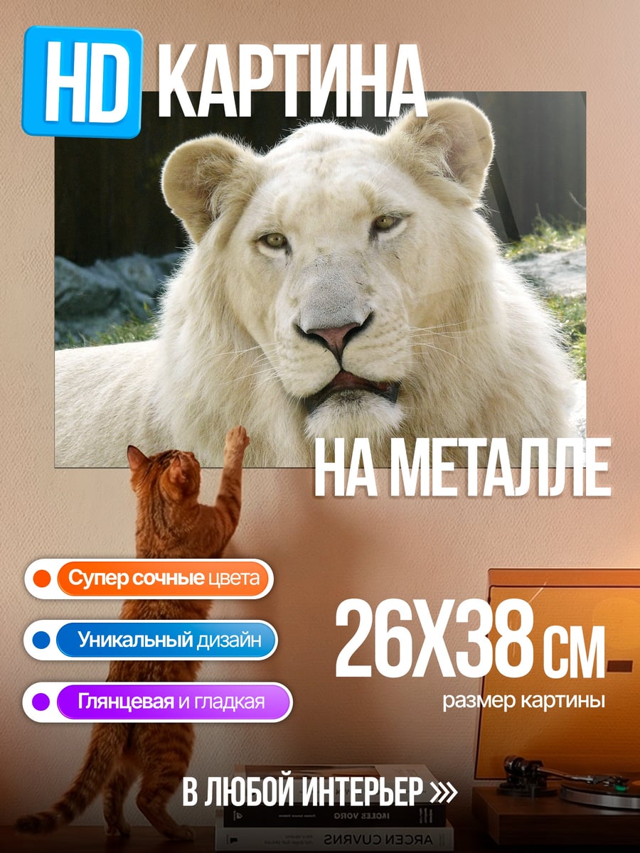 Картина на металле белый лев