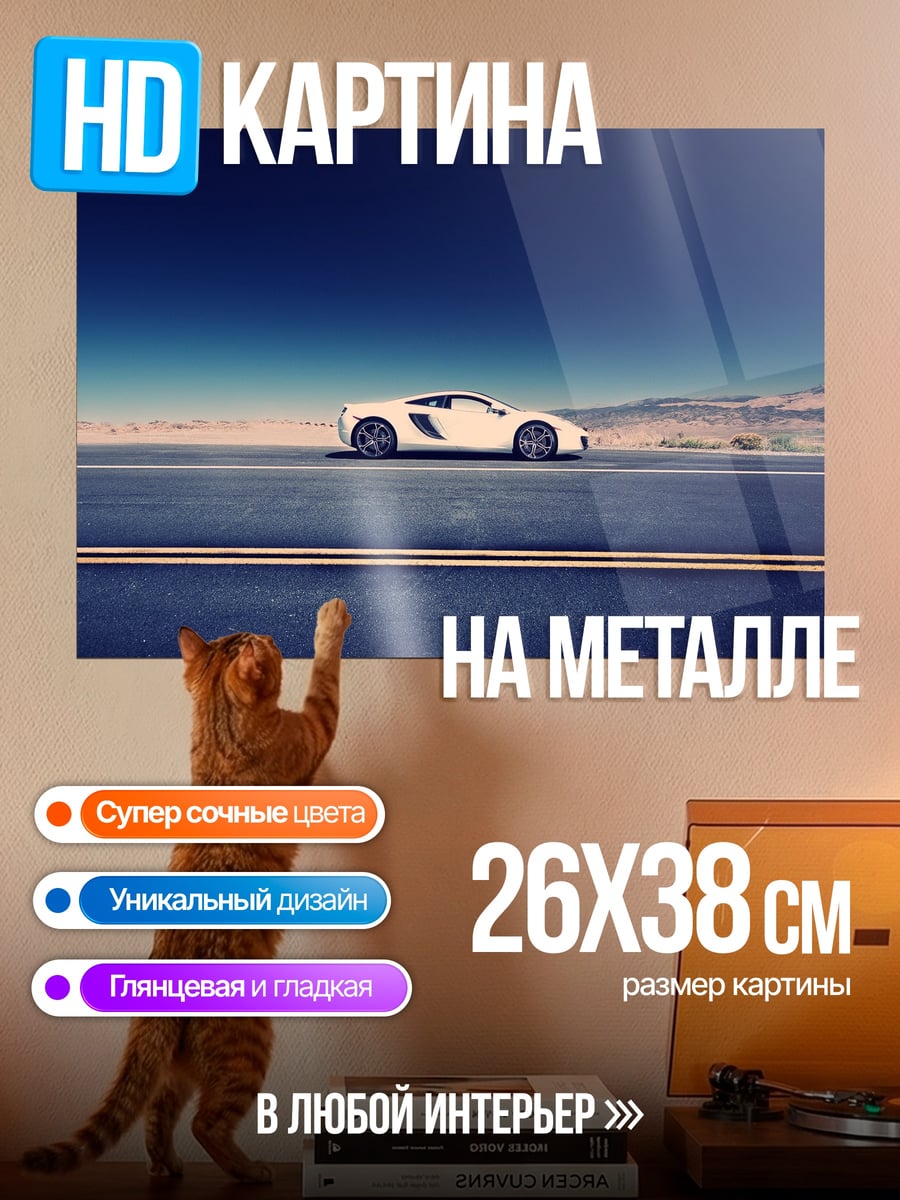 Картина на металле Белый спорткар на дороге