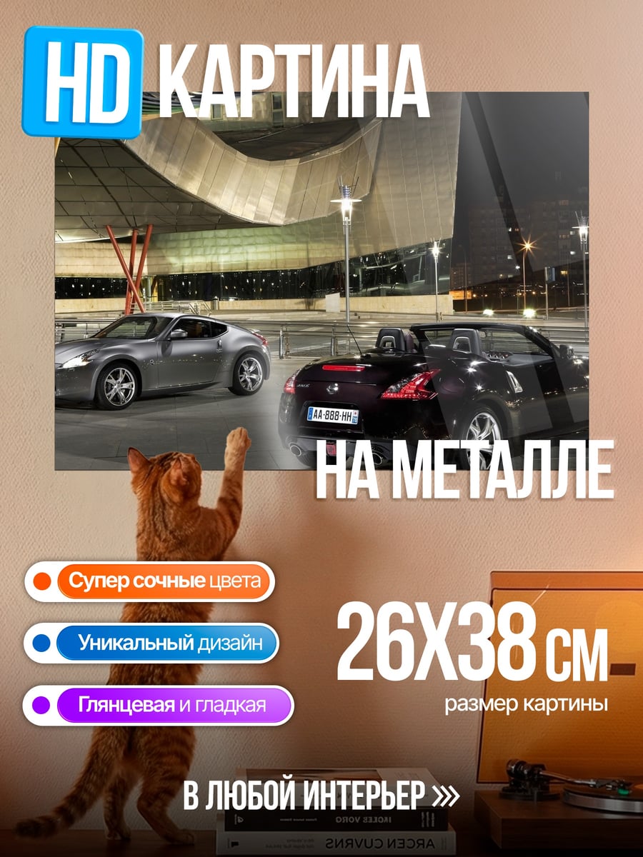 Картина на металле Два спорткара ночью