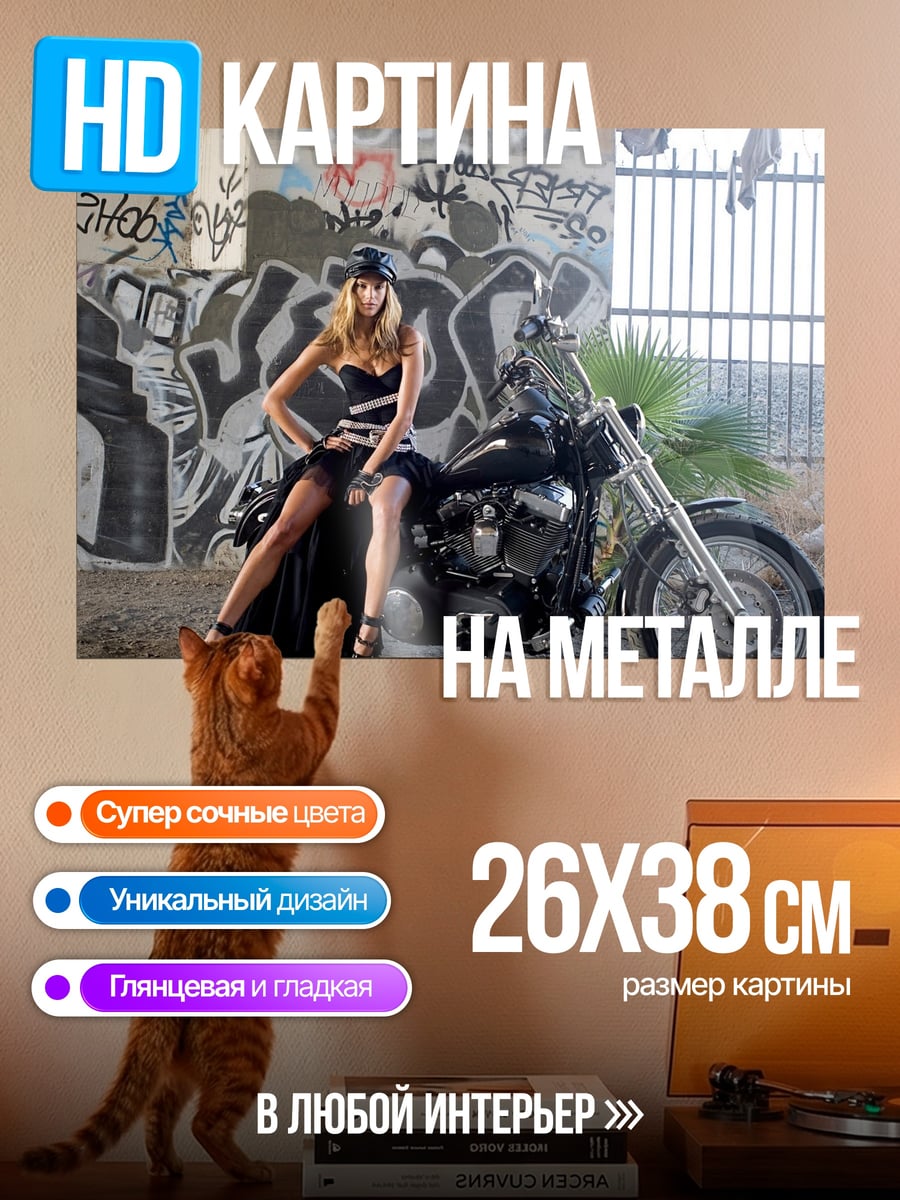 Картина на металле Девушка на мотоцикле