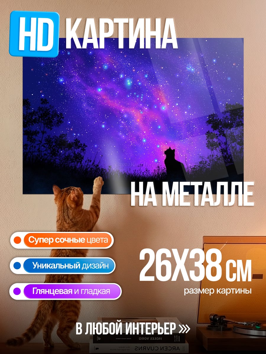 Картина на металле кот под звездами