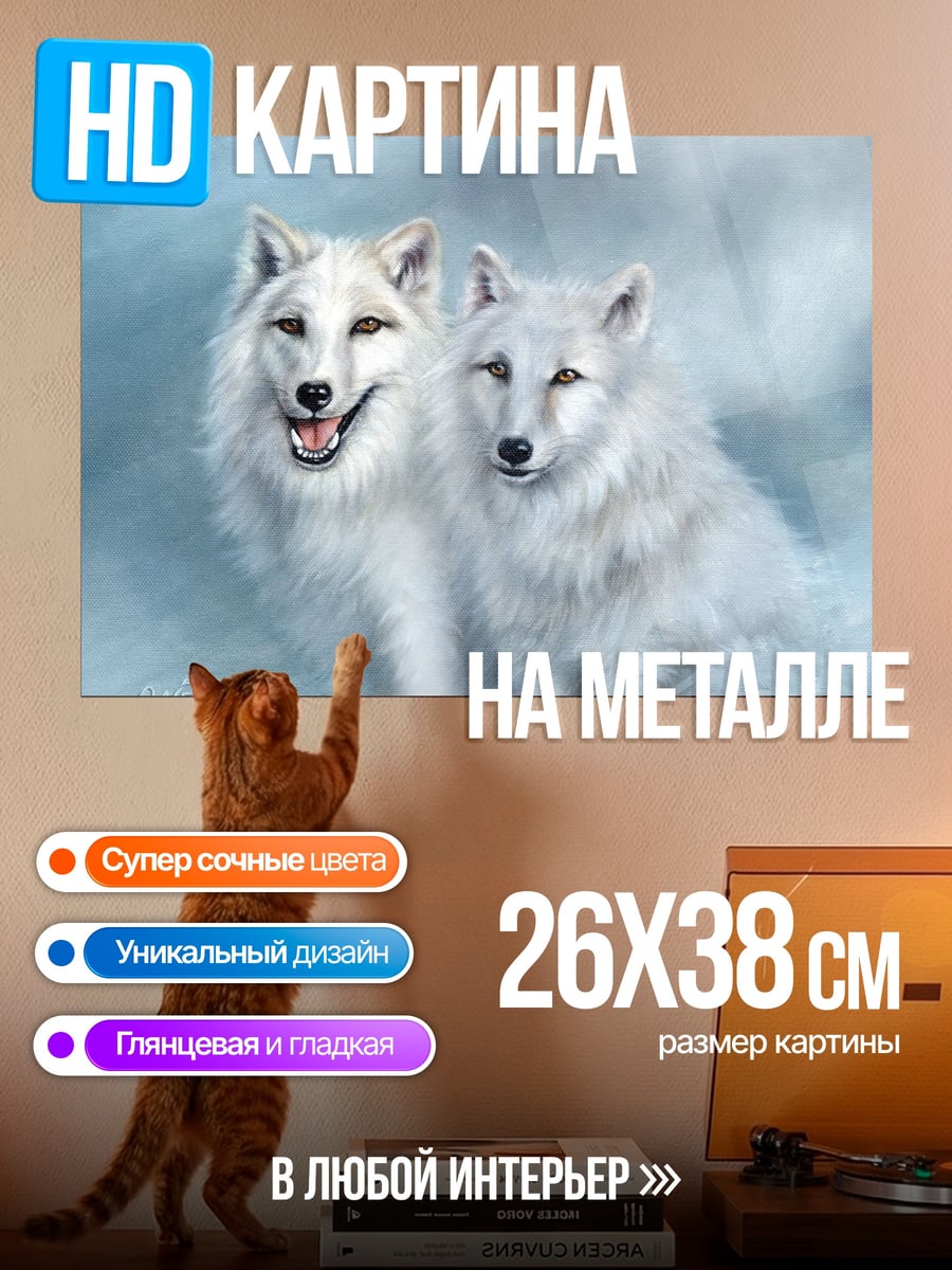 Картина на металле Два белых волка