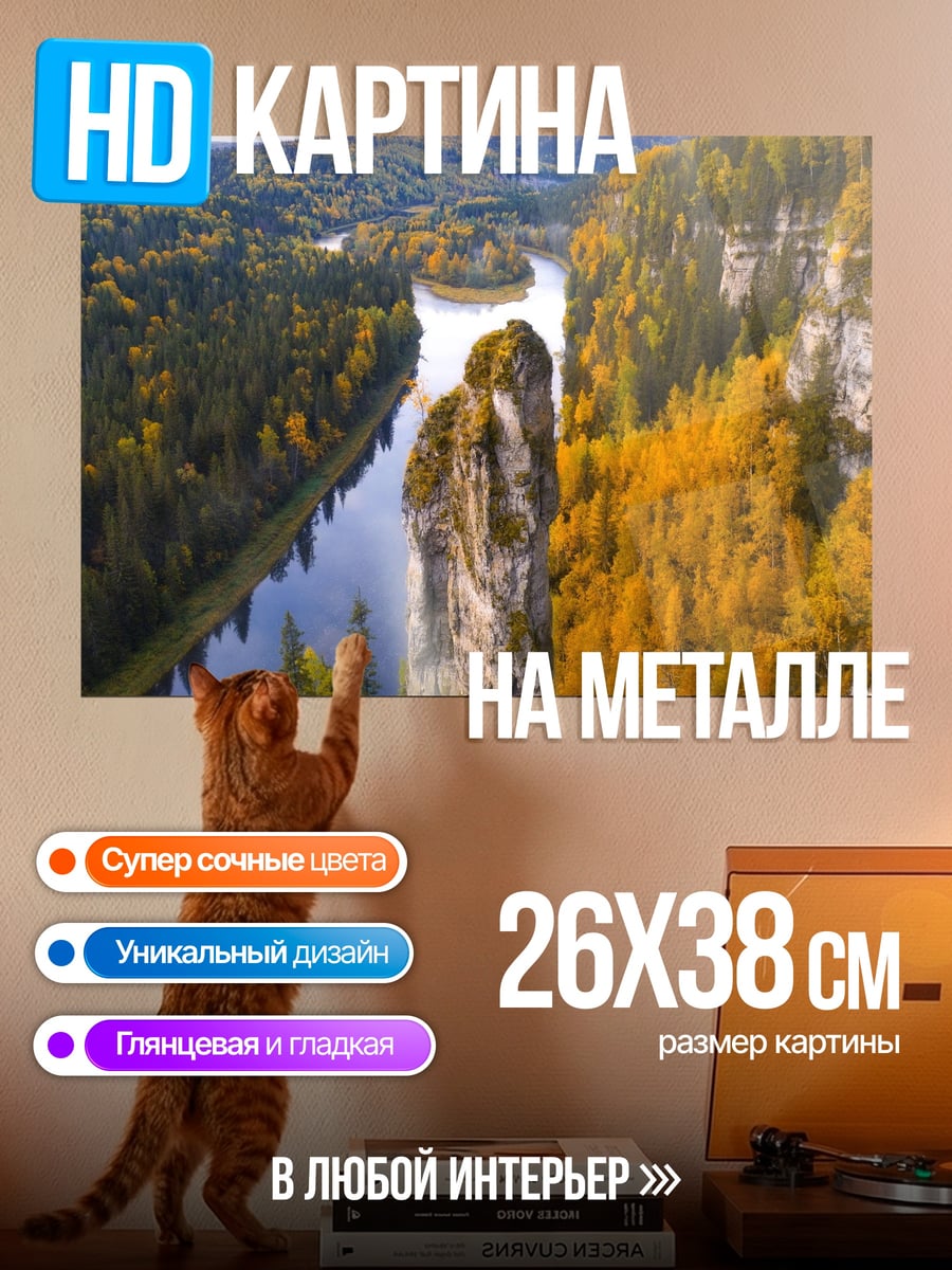 Картина на металле Река в осеннем лесу