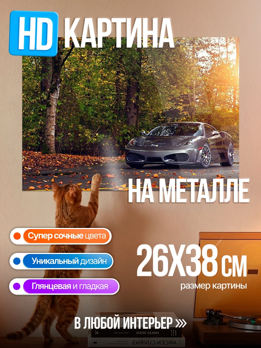 Картина на металле Спортивный автомобиль осенью