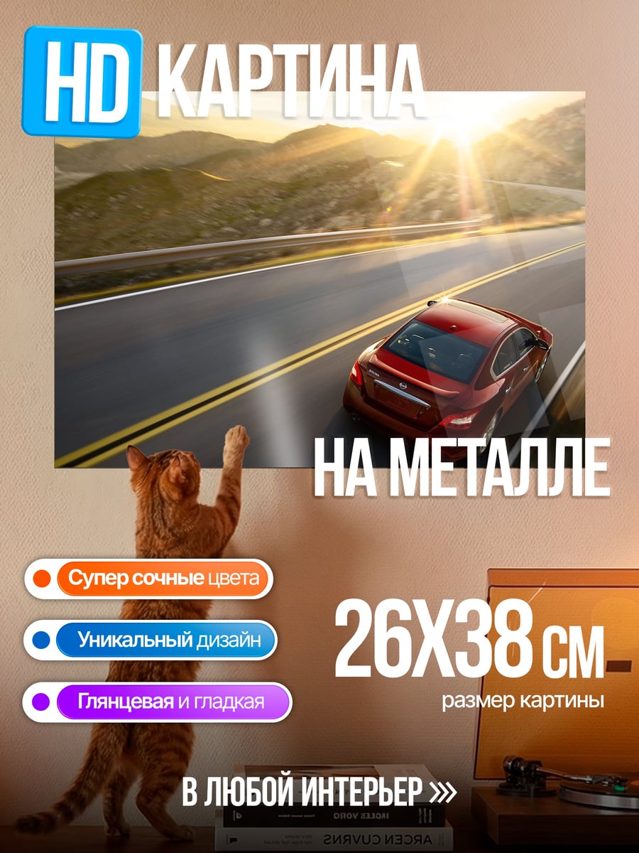 Картина на металле Красная машина на дороге