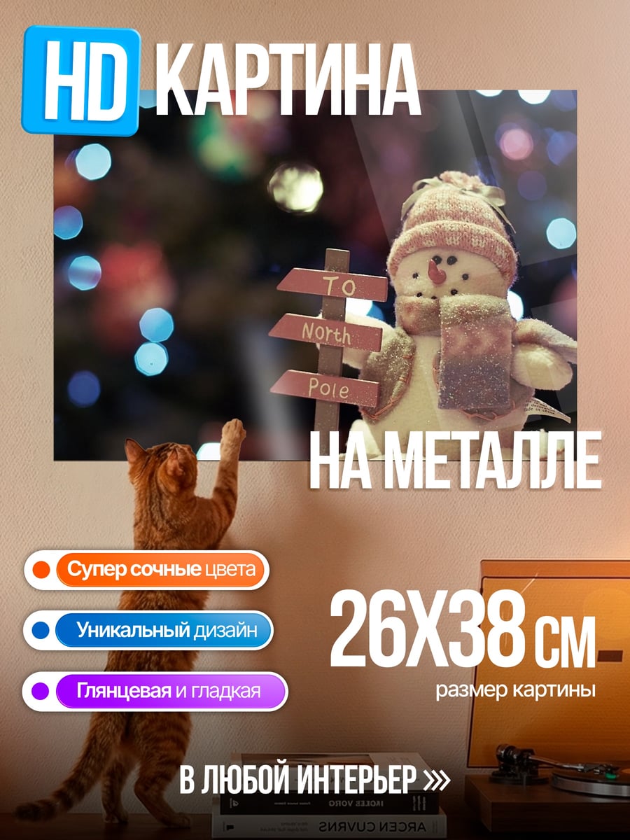 Картина на металле Снеговик с указателем