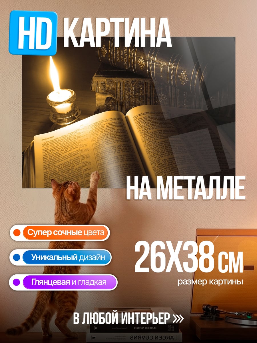 Картина на металле Книга при свечах