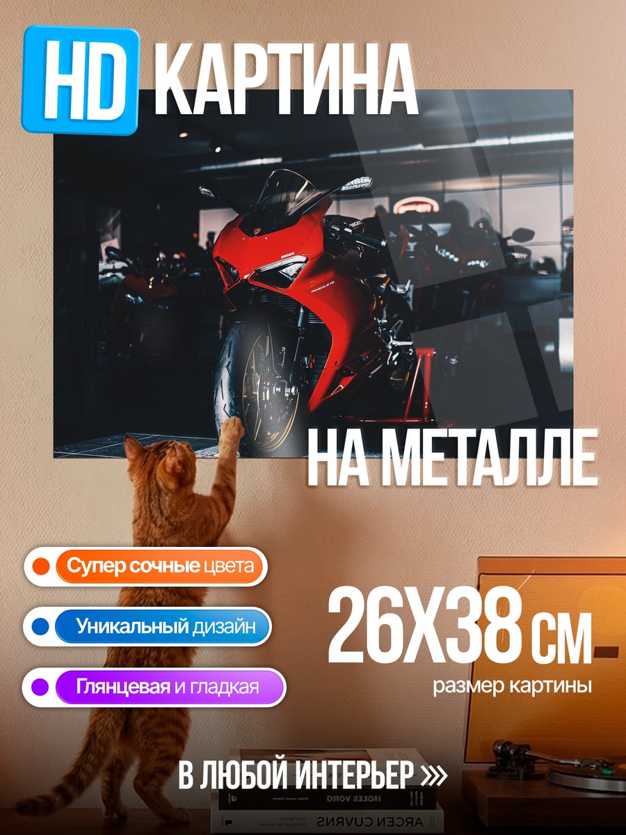 Картина на металле Красный мотоцикл