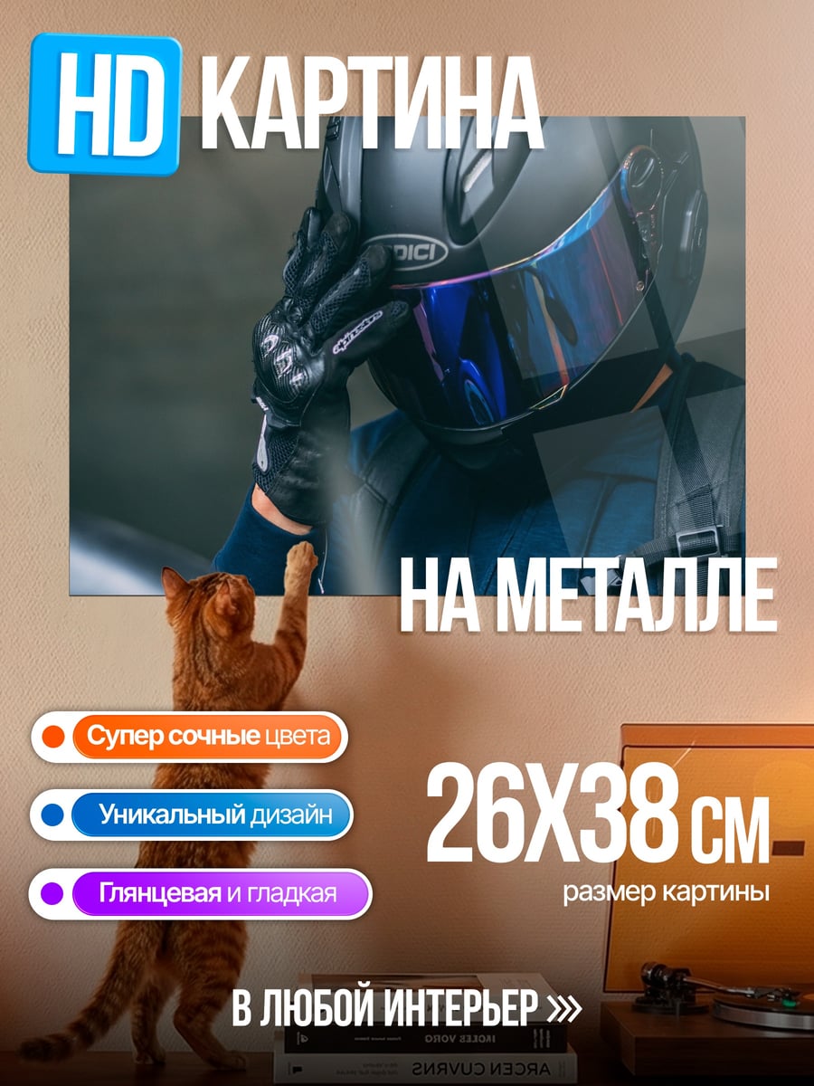 Картина на металле Мотоциклист в шлеме