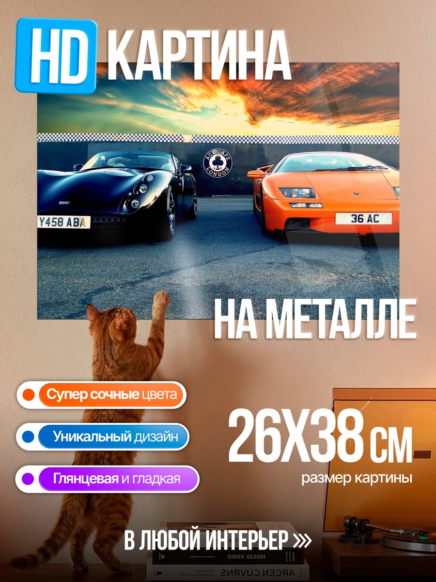 Картина на металле Два спорткара на закате