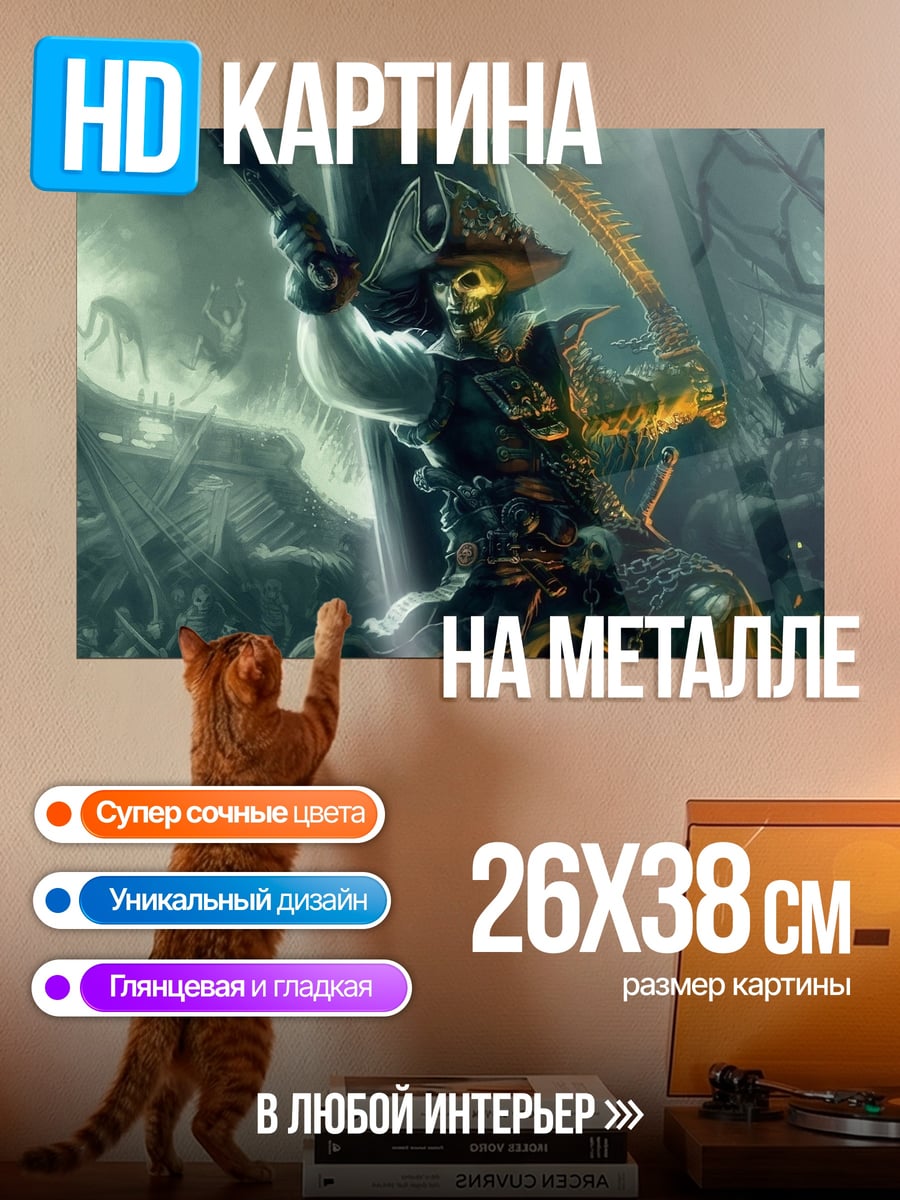 Картина на металле Скелет пират на корабле