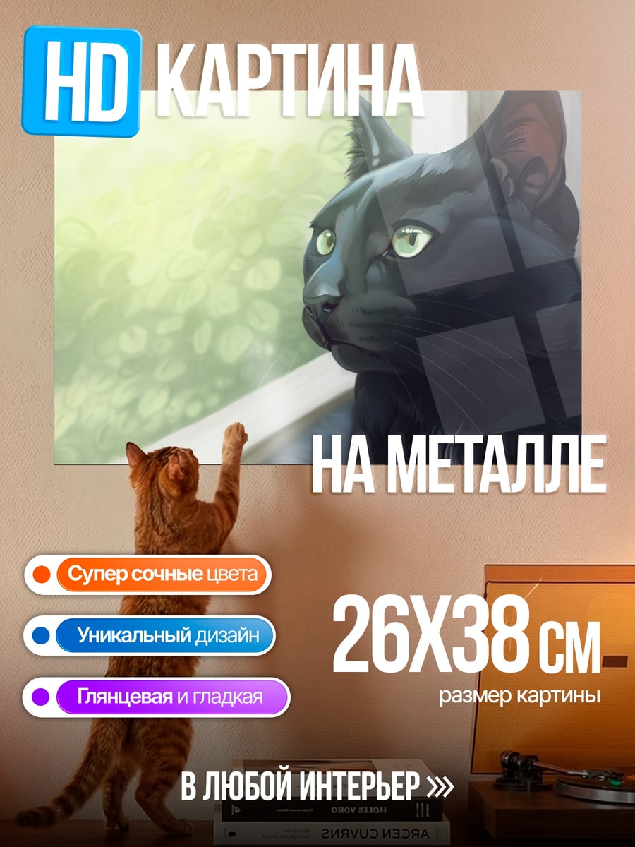 Картина на металле Черный кот у окна