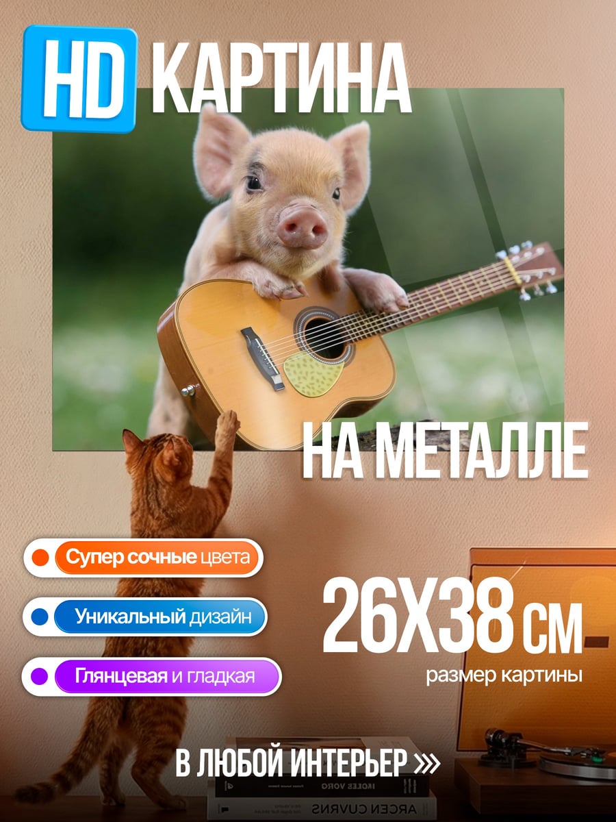 Картина на металле Поросенок с гитарой