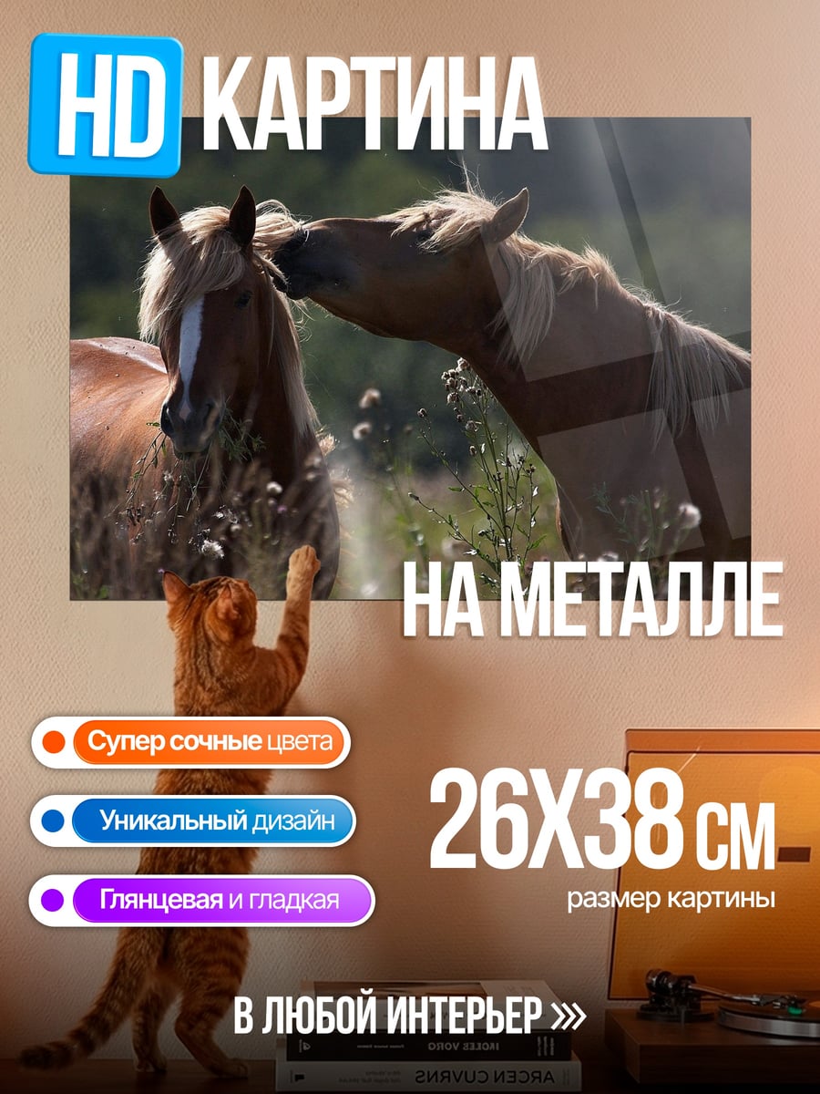Картина на металле Две лошади в поле