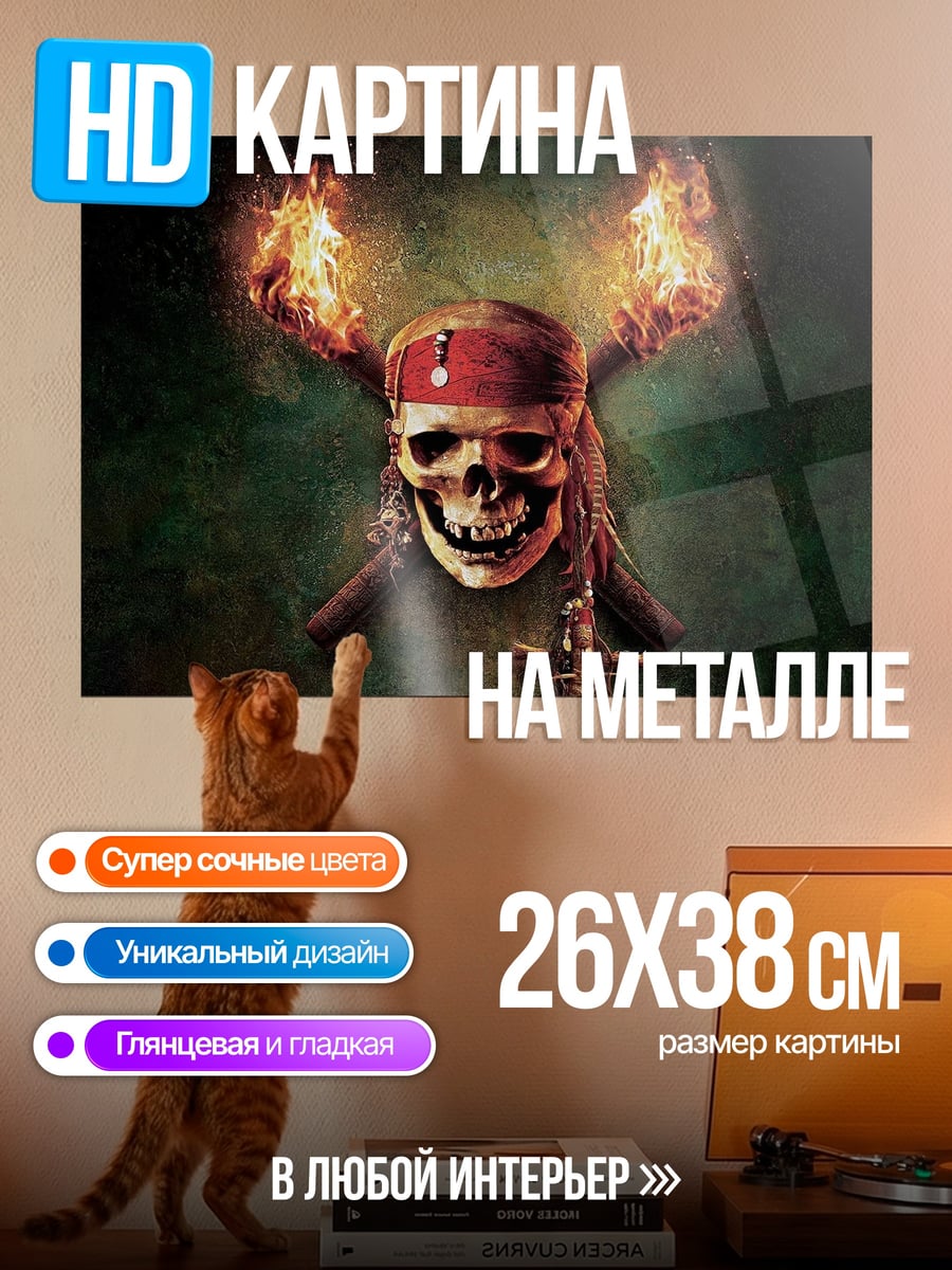 Картина на металле Череп пирата с факелами