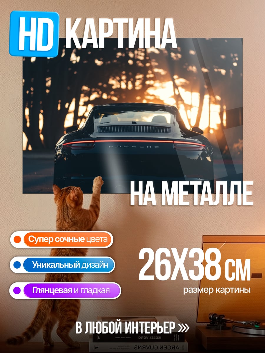 Картина на металле Спортивный автомобиль закат