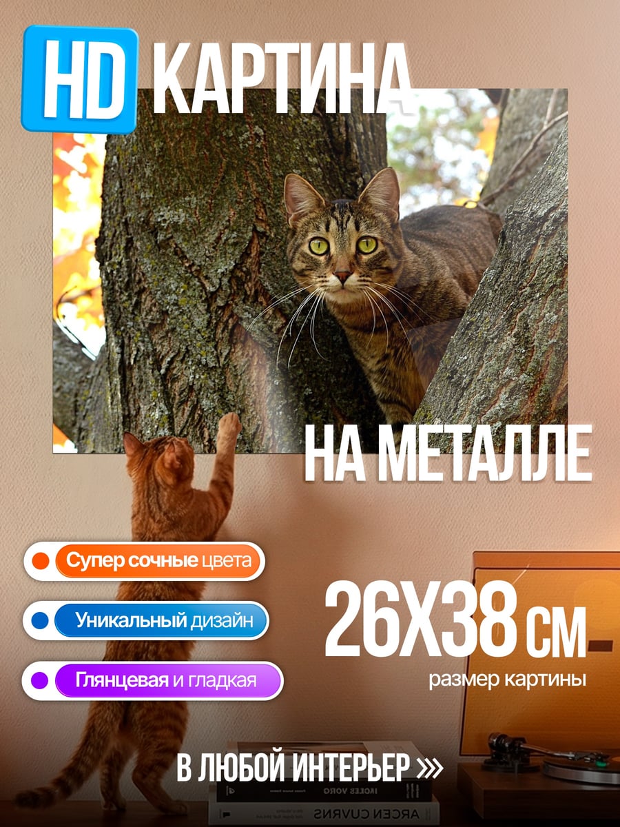 Картина на металле Кот на дереве