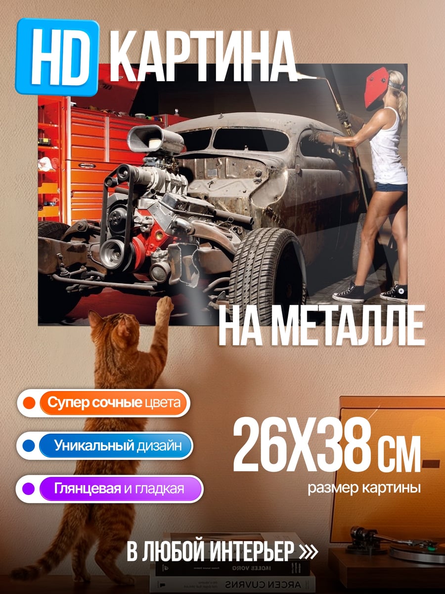 Картина на металле Девушка и хотрод