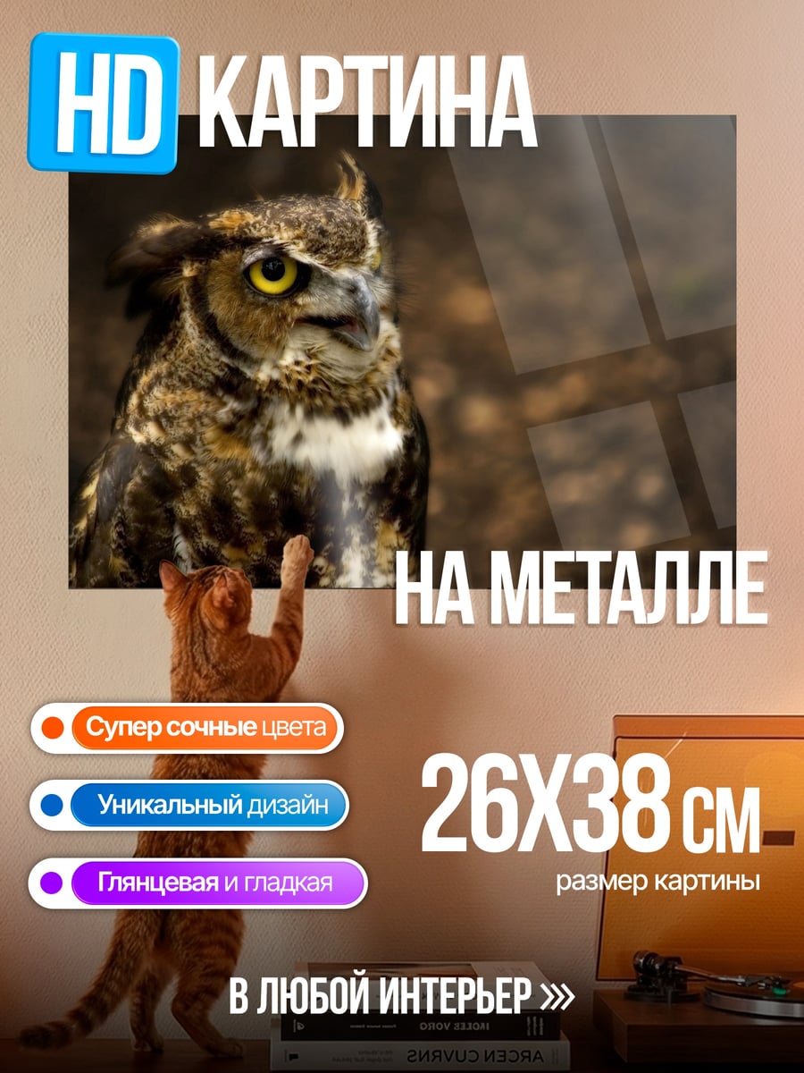 Картина на металле Филин с желтыми глазами