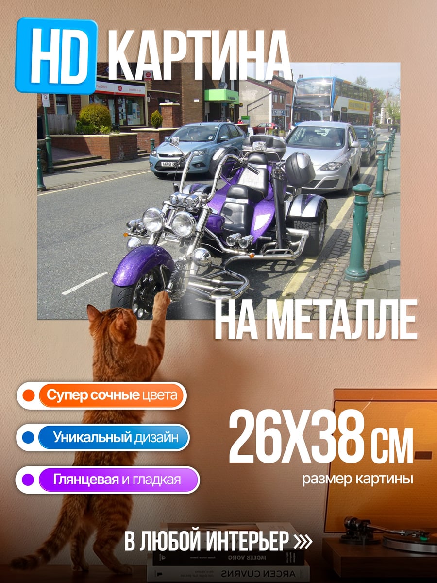 Картина на металле Фиолетовый трицикл на улице