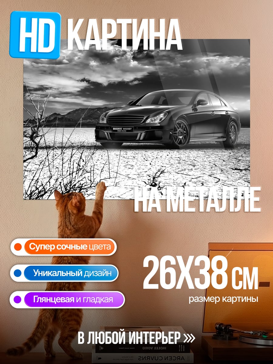 Картина на металле Черный спорткар пустыня