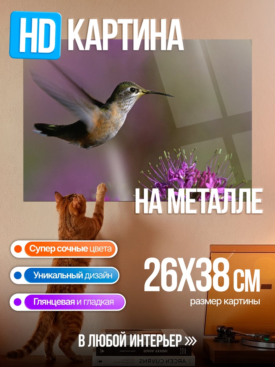 Картина на металле Колибри у цветка