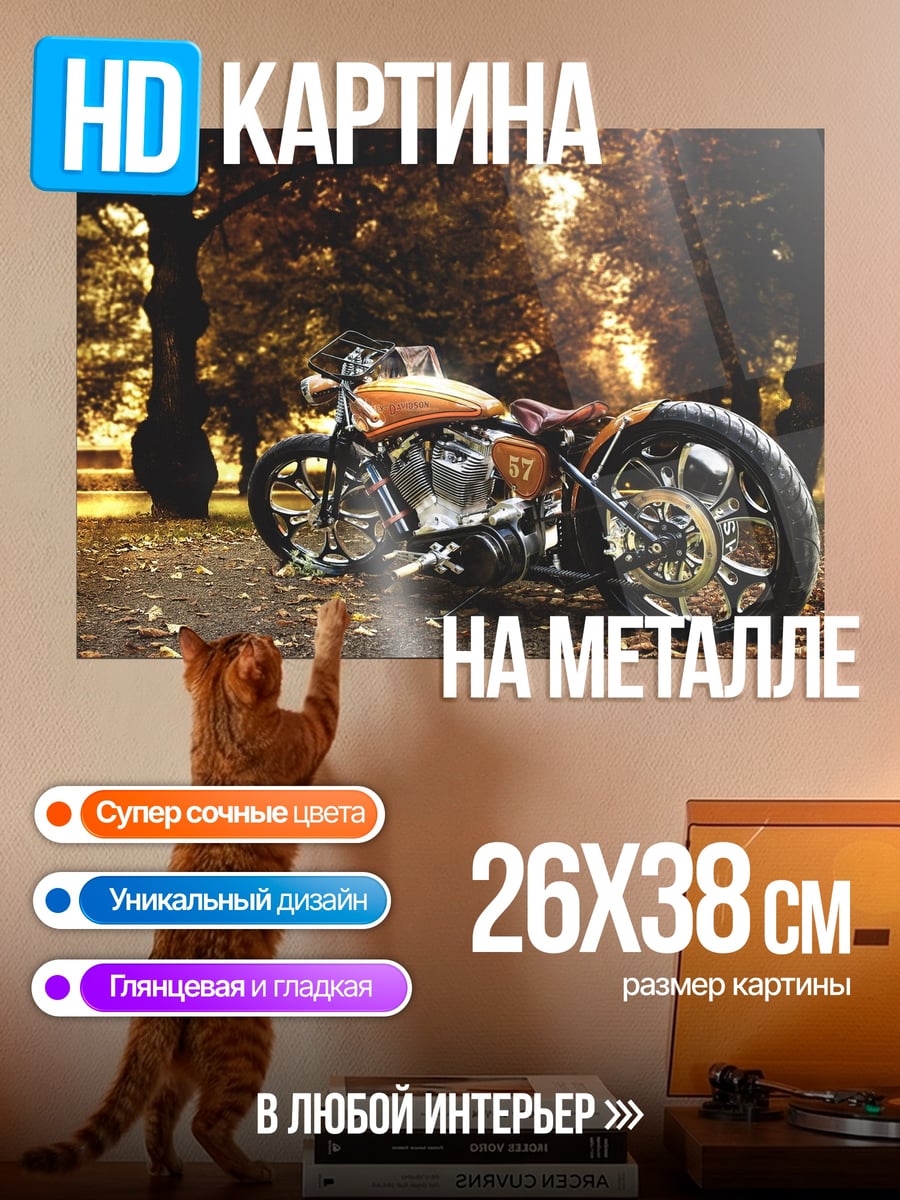 Картина на металле Мотоцикл осенью