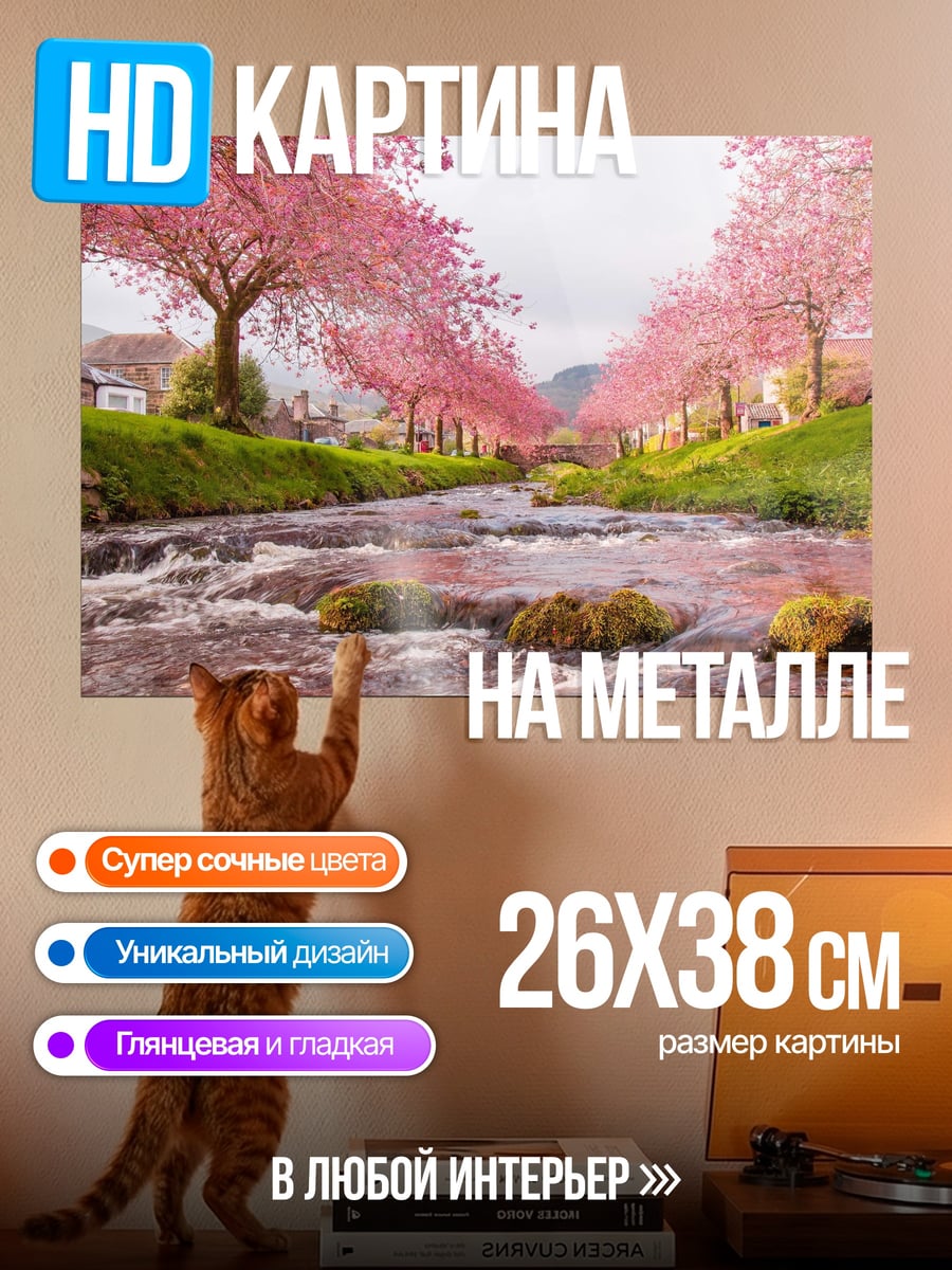 Картина на металле Цветущая сакура у реки