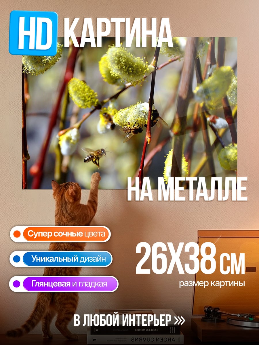 Картина на металле Пчела на ветке вербы