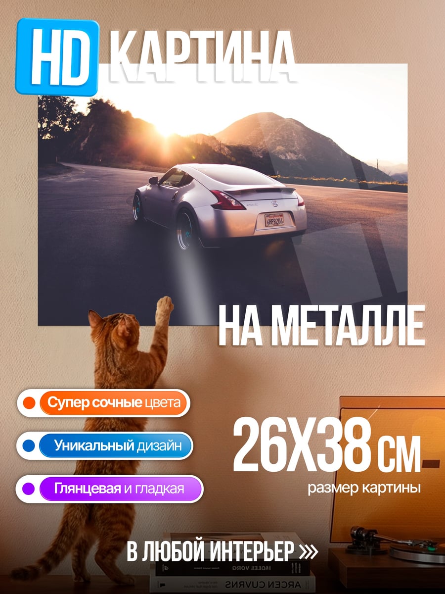 Картина на металле Спортивный автомобиль закат